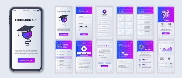 Education mobile app interface screens template set Account login study list physics lesson and test progress data calendar Pack of UI UX GUI kit for application web layout Vector design