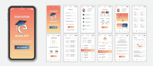 Education mobile app interface screens template set Online account progress statistic lessons list tutorial platform calendar Pack of UI UX GUI kit for application web layout Vector design