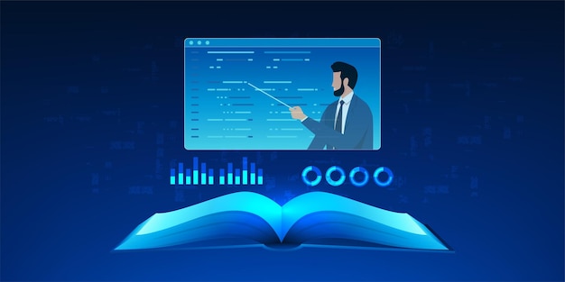 Education Technology An open book with a window showing a person teaching reflecting