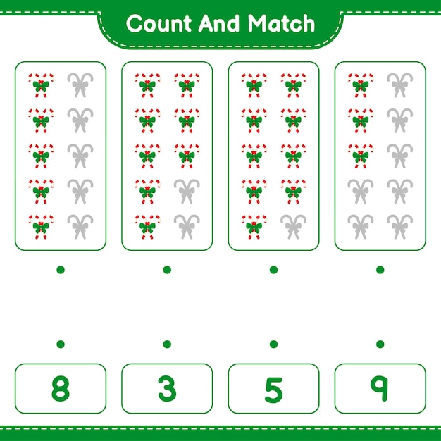 educational game counting the number of candy canes with ribbon and matching with right numbers