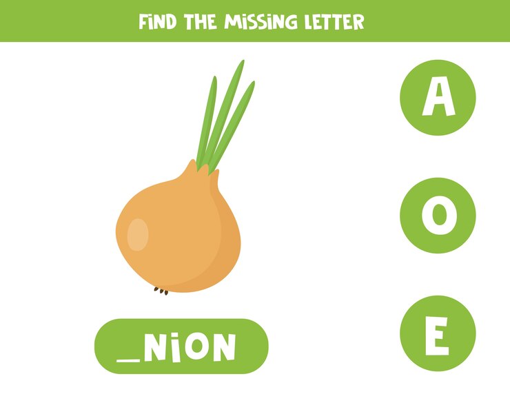 Vektör educational vocabulary worksheet for kids. find missing letter. cute onion in cartoon style.
