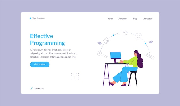 Effective programming landing page Woman software developer or ui ux designed working on desktop computer