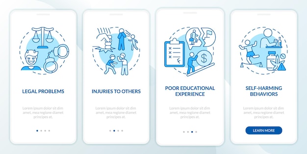 effects of conduct disorder blue onboarding mobile app screen walkthrough 4 steps graphic instructions pages with linear concepts ui ux gui template myriad probold regular fonts used