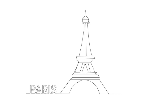Eiffel Tower Single one line drawing Tourism and travel greeting postcard concept