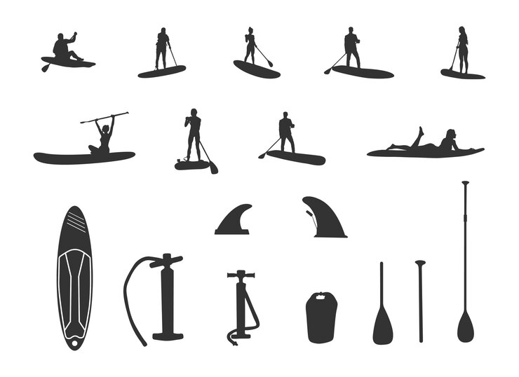 Vektör ekipman siluetleri paddleboard silueti siluetleri paddleboard vektörü paddle sörfçüleri v02