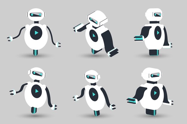 El sallayan farklı pozlardaki yapay zeka robot karakterlerinin şirin illüstrasyonlar seti