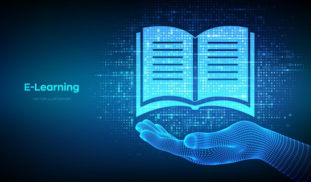 elearning icon made with binary code in wireframe hand online education webinar teaching online