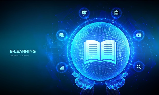 elearning innovative online education technology concept world map point and line composition earth planet globe in hands webinar online training courses skill development vector illustration