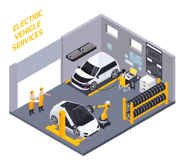 Electric vehicles maintenance  diagnostic battery charge and rejuvenation service isometric composition with robotic wheels replacement 