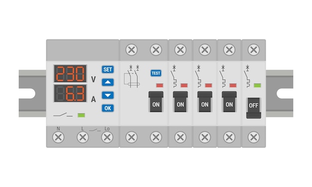 electrical control panel with voltage relay and circuit breakers mounted on a din rail