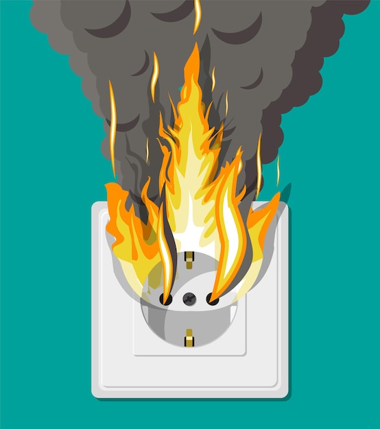 Electrical outlet on fire. Overload of network. Short circuit. Electrical safety concept. Wall socket in flames with smoke.  illustration in flat style