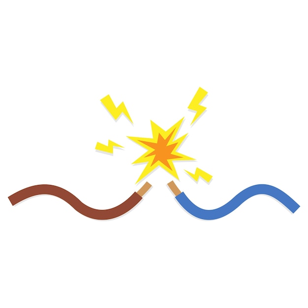 Electrical short circuit vector illustration featuring two exposed wires sparking upon contact