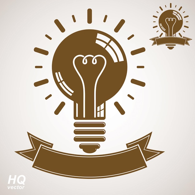 electricity light bulb symbol, insight emblem. vector brain storm conceptual icon - corporate problem solution theme. best idea award icon with curvy ribbon. business idea graphic web design element.