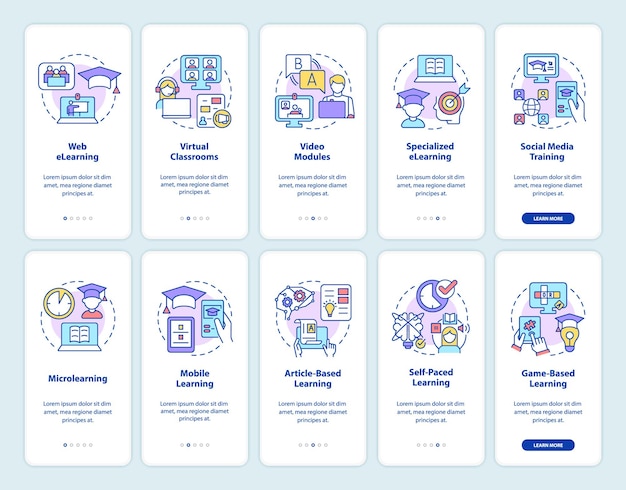 Electronic learning onboarding mobile app screen set