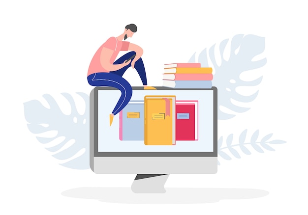 Electronic online library poster with computer and books, people character reading or student studying, e-book reader, modern literature fan concept. Flat cartoon 
