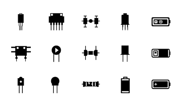 Electronic parts icons transistor diode microchip resistor capacitor semiconductor illustration