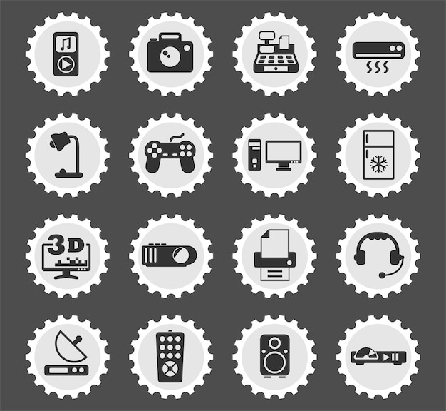 Electronics supermarket symbols on a round postage stamp stylized icons