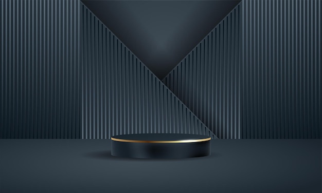 Elegant luxury 3D rendering dark blue and golden cylinder minimal scene geometric platform podium