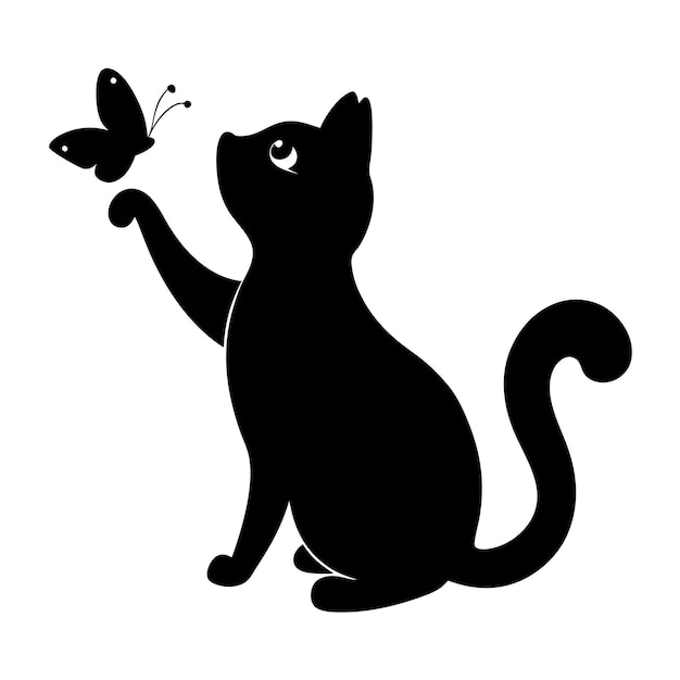 Elegant Silhouette of Cat Playing with Butterfly for Nature and Animal Lovers in Vector Art