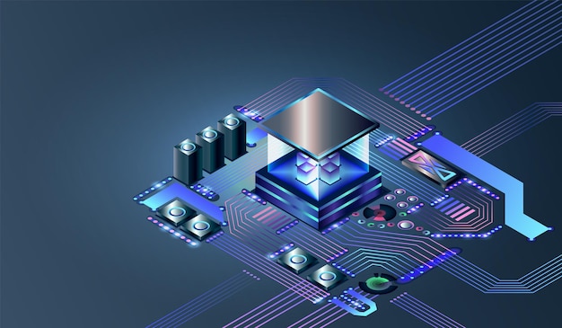 Elektronisk cpu digitalt chip. Abstrakt datorhårdvara eller elektroniska komponenter på moderkortet