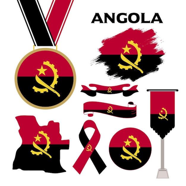 Elements Collection With The Flag of Angola Design Template. Angola Flag, Ribbons, Medal, Map