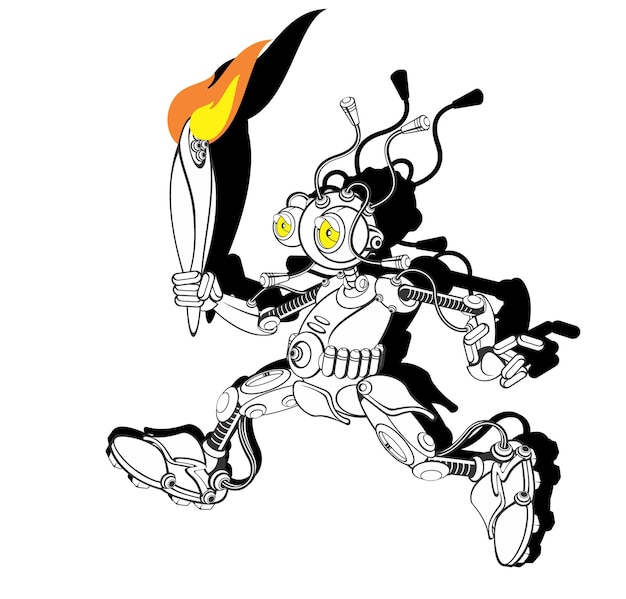 Elinde meşale olan bir robot, meşale tutuyor.