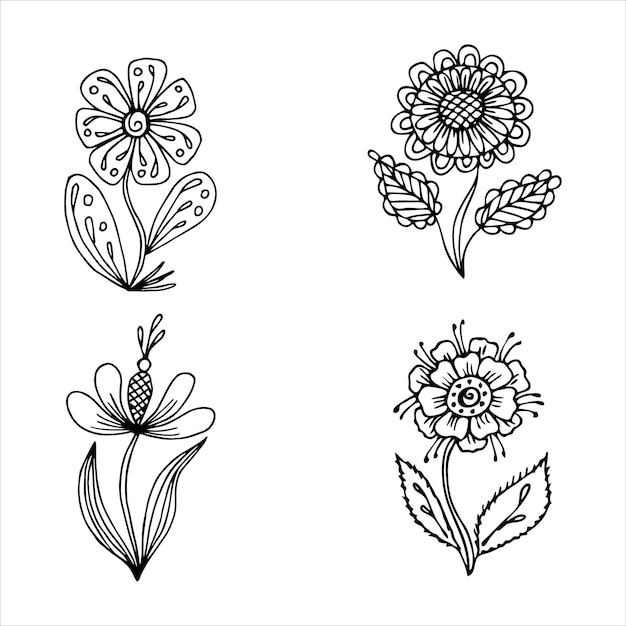 Elle çizilmiş çiçek tek doodle elemanları seti