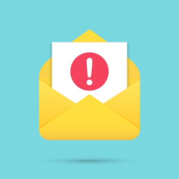 Email message with attention icon in a flat design