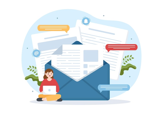 Email Service with Correspondence Delivery and Business Marketing in Flat Hand Drawn Illustration
