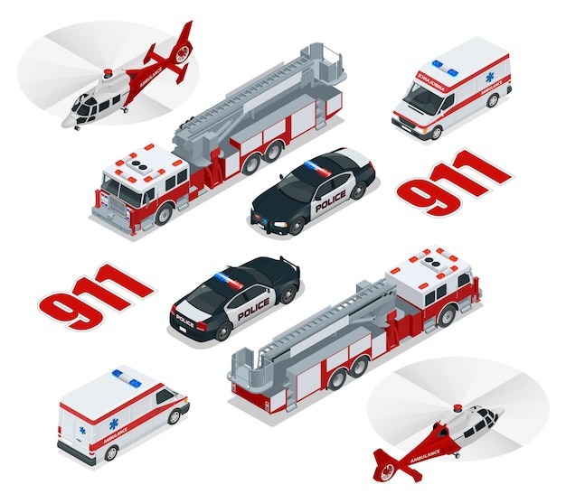 Emergency concept. Ambulance, Police,  Fire truck, cargo truck, helicopter, emergency number 911.  Flat 3d isometric city transport icon set