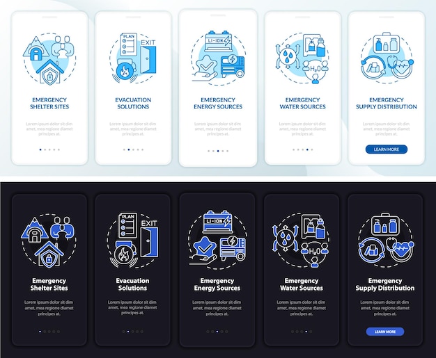 Emergency plan includes night and day mode onboarding mobile app screen
