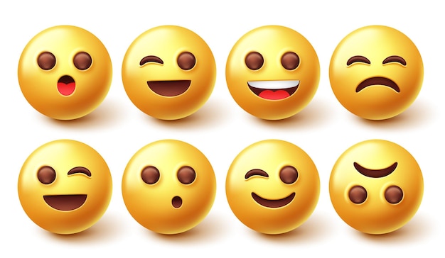 emoji character vector set. 3d emoticon in happy, sad and winking cute facial expression isolated.