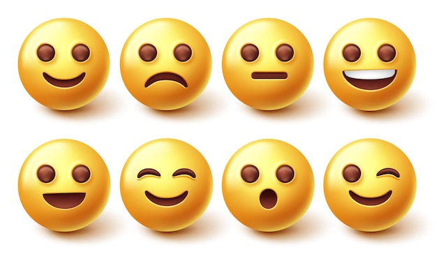 emoji character vector set. yellow emoticon happy, sad, fun and cute face collection isolated.