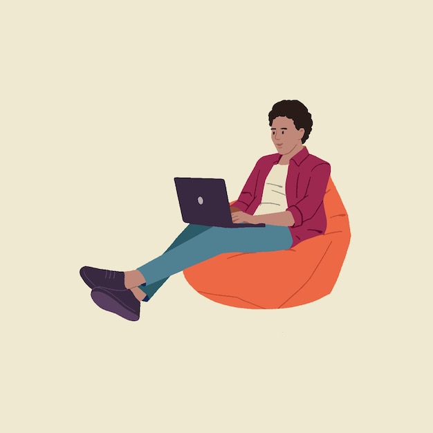 employee businessman corporate wears formals sitting on beanbag holding laptop editable vector