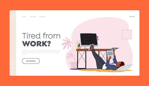 Employee Emotional Burnout Landing Page Template Tired Overworked Worker Business Character Lying on Floor