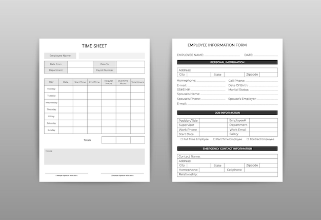employee information form and office employee timesheet tracker logbook interior vector template