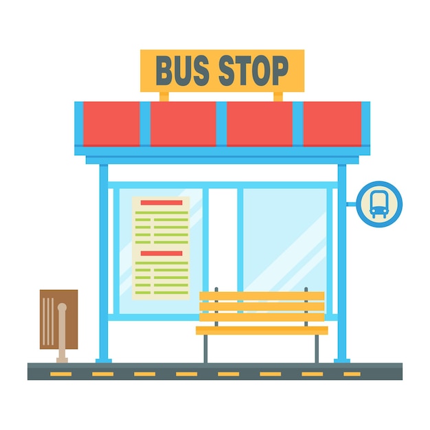 Empty bus stop with the scheme of traffic and the stop sign. Flat vector illustration.
