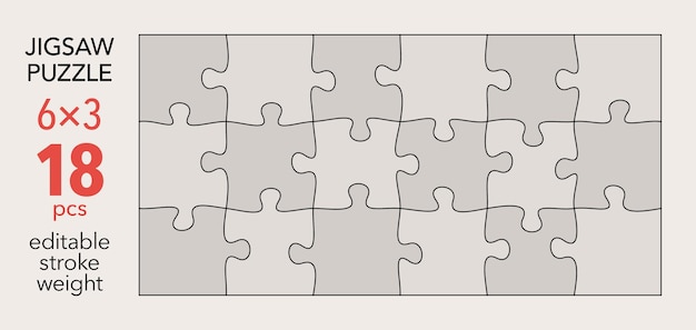 Empty jigsaw puzzle grid template 6x3 shapes 18 pieces Separate matching irregularly elements