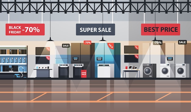 empty no people electronics market black friday big sale promotion discount shopping concept household appliances store interior 