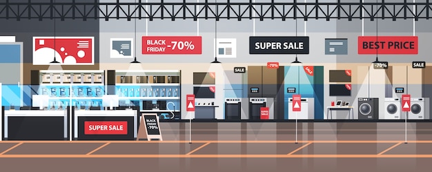 empty no people electronics market black friday big sale promotion discount shopping concept household appliances store interior 