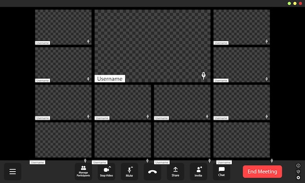 Empty virtual meeting grid with multiple user placeholders and interface elements on a desktop background
