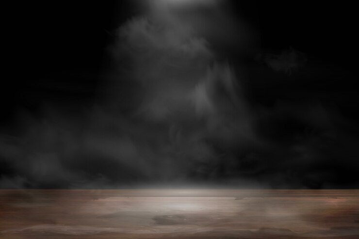 Vektör empty wooden table with smoke float up on dark background. old wood table with spotlight and smoke in the studio room for present product.