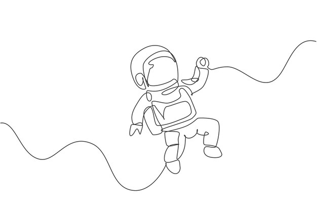 En enda linjeteckning ung astronaut i rymddräkt som flyger i yttre rymden vektoräventyr galaktisk