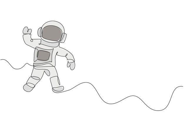 En kontinuerlig linjeteckning astronautforskare som utforskar yttre rymden retro stil upptäckt vektor
