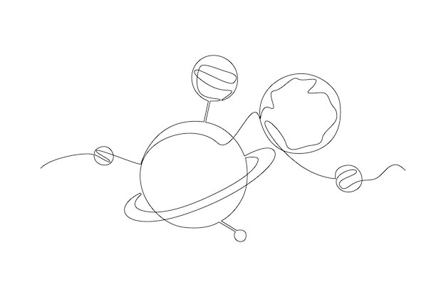 En kontinuerlig stregtegning af planeter, stjerner, asteroider og kometer i det ydre rum. Galaxy koncept Doodle vektor illustration i enkel lineær stil