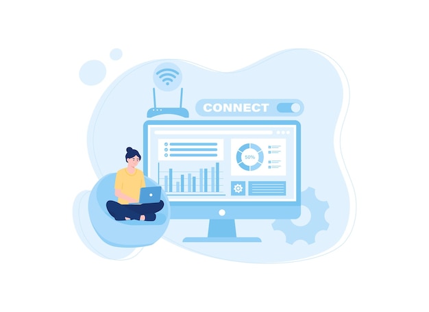 En kvinde freelancer hjemmefra, trending koncept flad illustration