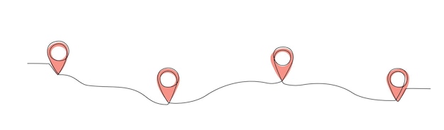 En linje kort punkt placering symboler på ruten GPS navigationslinje spor mærke Placering pegepind kontinuerlig linje håndtegning Pins på vej mellem punkter Kort pin linje på hvid baggrund Vektor