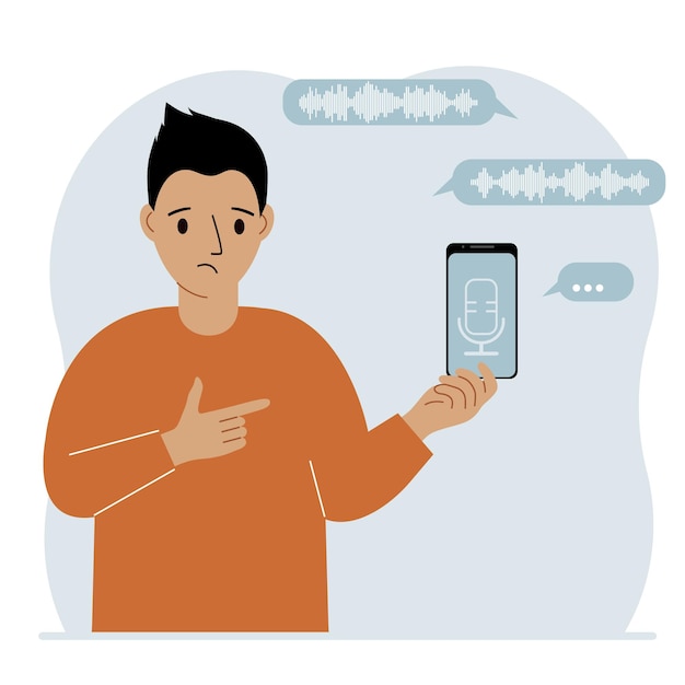 En man håller i en smarttelefon och använder en röstassistent-applikation. Röstigenkänningskoncept. Smarta högtalare, applikationer, kontorskontroller, handsfree-samtal, röststyrningsprogram.