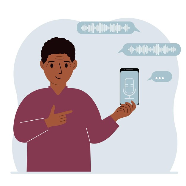En man håller i en smarttelefon och använder en röstassistent-applikation. Röstigenkänningskoncept. Smarta högtalare, applikationer, kontorskontroller, handsfree-samtal, röststyrningsprogram.