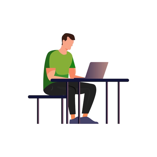 En mand arbejder ved en computer i cartoon stil. Vektor illustration